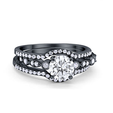 Trio Set Three Piece Wedding Ring Round Black Tone, Simulated Cubic Zirconia 925 Sterling Silver